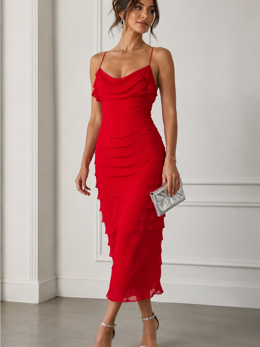 Gilar 100% Silk Red Tiered Ruffle Midi Dress Size 2 Cocktail Party Wedding Guest